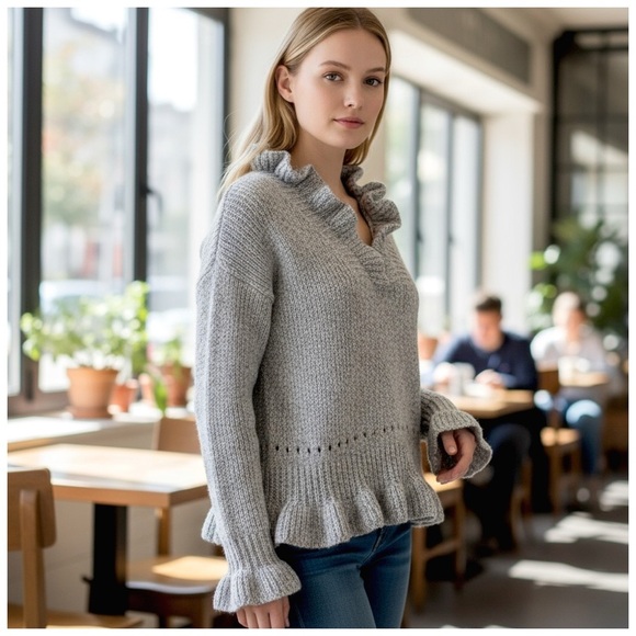 Chicwish Women's V-Neck Sweater with Ruffle Trim. Gray. Small - Picture 12 of 15